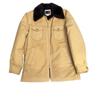 VTG 70s Men's 40 Medium William‎ Barry Tan Poplin Barn Jacket Faux Fur Lined MOD